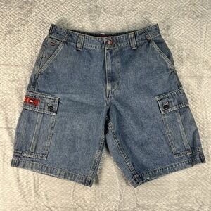 Vintage Tommy Jeans Mens 33 Cargo Denim Shorts Y2K Blue Jorts Hilfiger